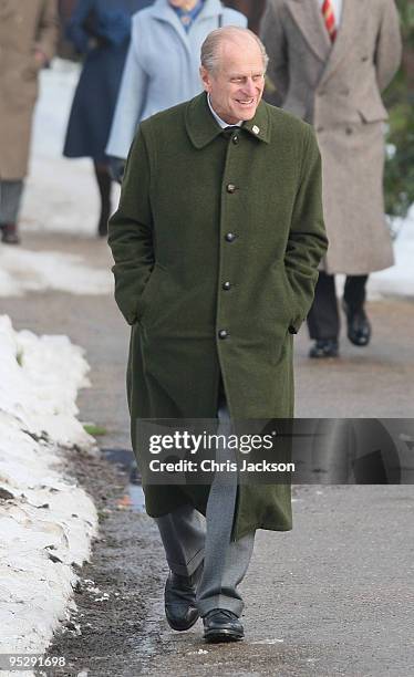 Prince Philip, Duke of Edinburgh arrive to attend the Christmas Day service at Sandringham Church on December 25, 2009 in King's Lynn, England. The...