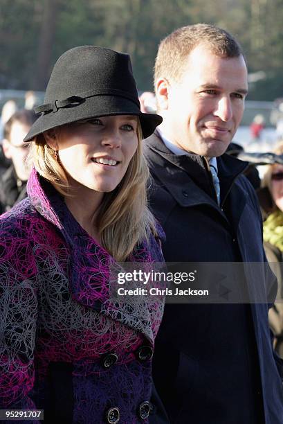 Autumn Phillips and Peter Phillips leave the Christmas Day service at Sandringham Church on December 25, 2009 in King's Lynn, England. The Royal...