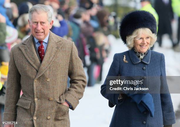 Prince Charles, Prince of Wales and Camilla, Duchess of Cornwall smiles as she arrives to attend the Christmas Day service at Sandringham Church on...