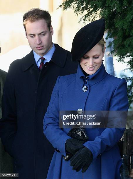 Zara Phillips and Prince William arrive to attend the Christmas Day service at Sandringham Church on December 25, 2009 in King's Lynn, England. The...