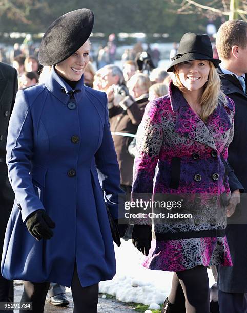 Zara Phillips, Autumn Phillips and Peter Phillips leave the Christmas Day service at Sandringham Church on December 25, 2009 in King's Lynn, England....