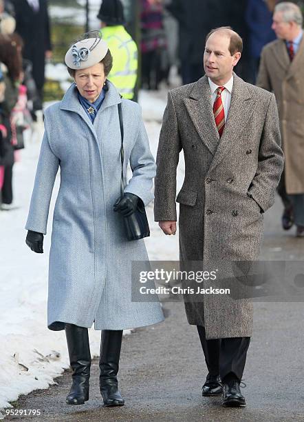 Prince Edward and Princess Anne, Princess Royal arrive to attend the Christmas Day service at Sandringham Church on December 25, 2009 in King's Lynn,...