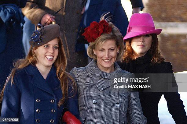 Britain's Princess Sophie, wife of Prince Edward flanked by Princesses Beatrice and Eugenie leave the Sandringham Church after the Christmas Day...