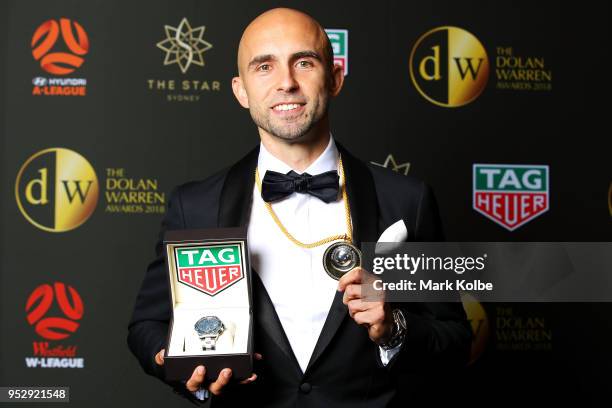 Adrian Mierzejewski of Sydney FC poses with the Johnny Warren Medal during the FFA Dolan Warren Awards at The Star on April 30, 2018 in Sydney,...