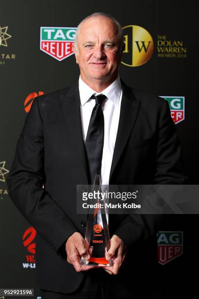 Graham Arnold of Sydney FC poses with the Coach of the Year award during the FFA Dolan Warren Awards at The Star on April 30, 2018 in Sydney,...