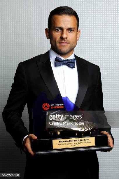 Bobo of Sydney FC poses with the A-League Nike Golden Boot Award award during the FFA Dolan Warren Awards at The Star on April 30, 2018 in Sydney,...