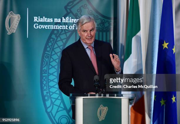 S Chief Brexit Negotiator Michel Barnier gives a joint speech with Taoiseach Leo Varadkar outlining updates in Brexit talks, at the border between...