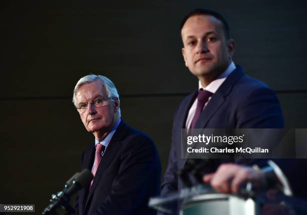 S Chief Brexit Negotiator Michel Barnier gives a joint speech with Taoiseach Leo Varadkar outlining updates in Brexit talks, at the border between...