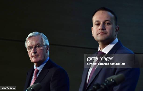 S Chief Brexit Negotiator Michel Barnier gives a joint speech with Taoiseach Leo Varadkar outlining updates in Brexit talks, at the border between...