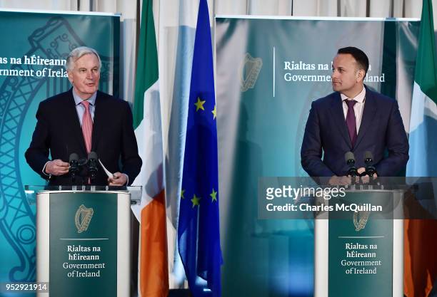 S Chief Brexit Negotiator Michel Barnier gives a joint speech with Taoiseach Leo Varadkar outlining updates in Brexit talks, at the border between...