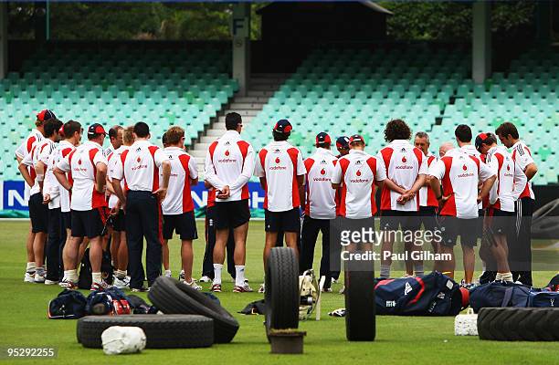 The England team gather together for a teamtalk with England coach Andy Flower during an England nets session at Kingsmead Cricket Ground on December...