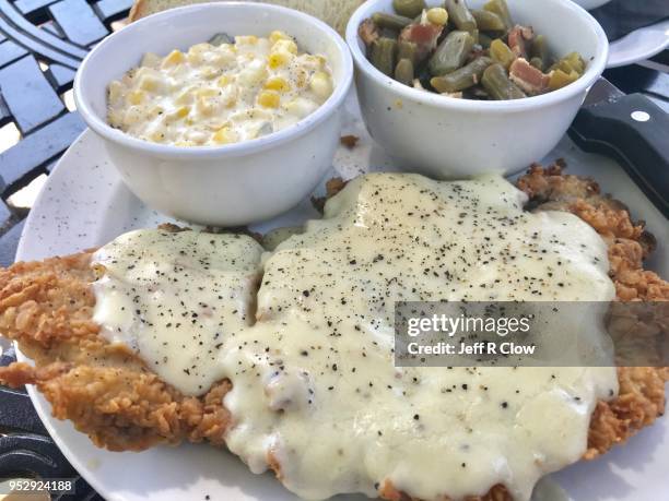 fried steak with corn and green beans - freshness guard stock pictures, royalty-free photos & images