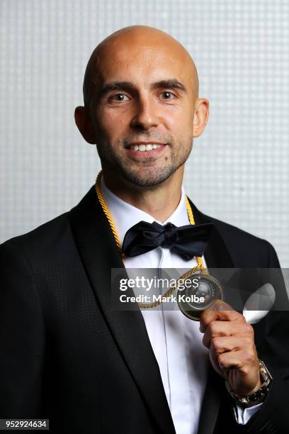 Adrian Mierzejewski of Sydney FC poses with the Johnny Warren Medal during the FFA Dolan Warren Awards at The Star on April 30, 2018 in Sydney,...