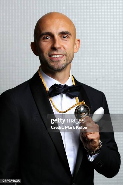 Adrian Mierzejewski of Sydney FC poses with the Johnny Warren Medal during the FFA Dolan Warren Awards at The Star on April 30, 2018 in Sydney,...