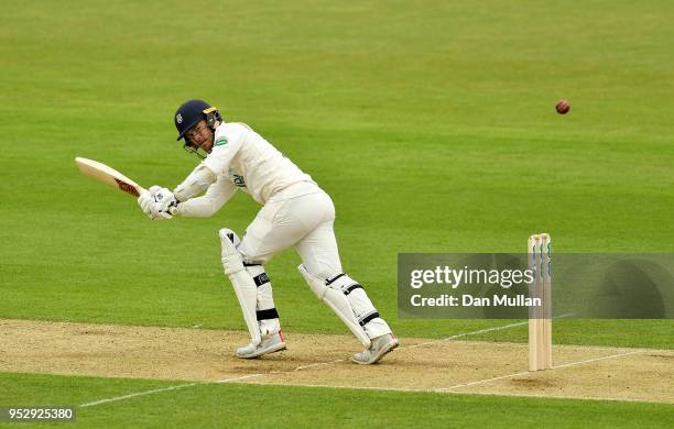 Lewis McManus of Hampshire bats during day four of the Specsavers County Championship Division One match between Hampshire and Essex at Ageas Bowl on...