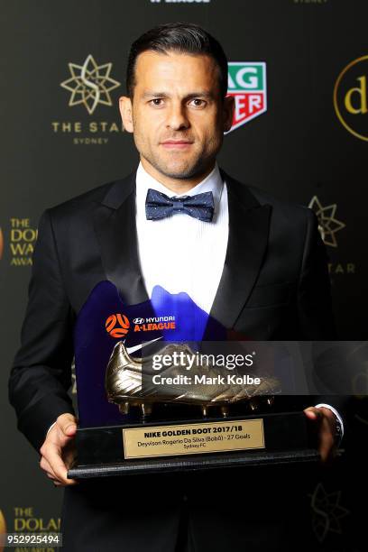 Bobo of Sydney FC poses with the A-League Nike Golden Boot Award award during the FFA Dolan Warren Awards at The Star on April 30, 2018 in Sydney,...