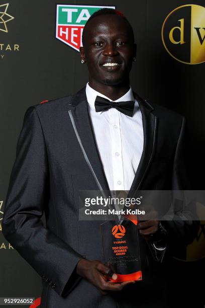 Abraham Majok of the Western Sydney Wanderers FC poses with the Foxtel National Y-League Golden Boot award during the FFA Dolan Warren Awards at The...
