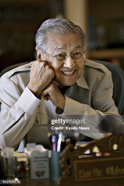 Former Malaysian Prime Minister Mahathir Mohamad gives an interview in Kuala Lumpur on April 30, 2018. ==Kyodo