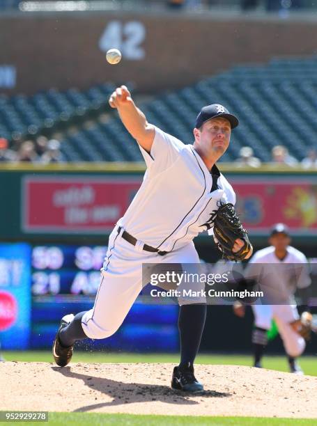 Jordan Zimmermann of the Detroit Tigers pitches during the game against the Baltimore Orioles at Comerica Park on April 19, 2018 in Detroit,...