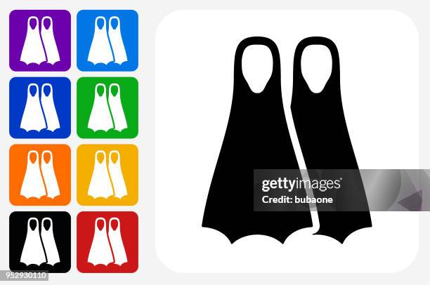 scuba diving fins icon square button set - scuba diving gear stock illustrations