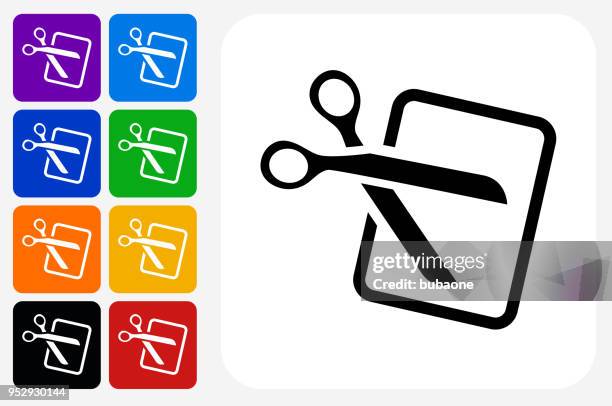 scissors and paper icon square button set - scissors cutting paper vector stock illustrations