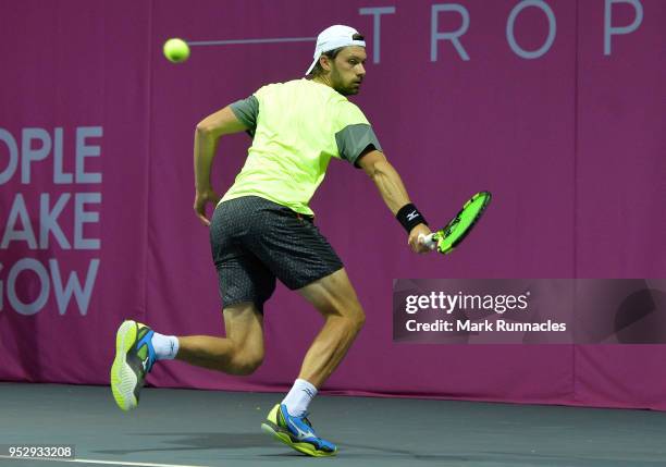 Daniel Brands of Germany in action during his singles match with Jared Hiltzik of USA on the third day of The Glasgow Trophy at Scotstoun Leisure...