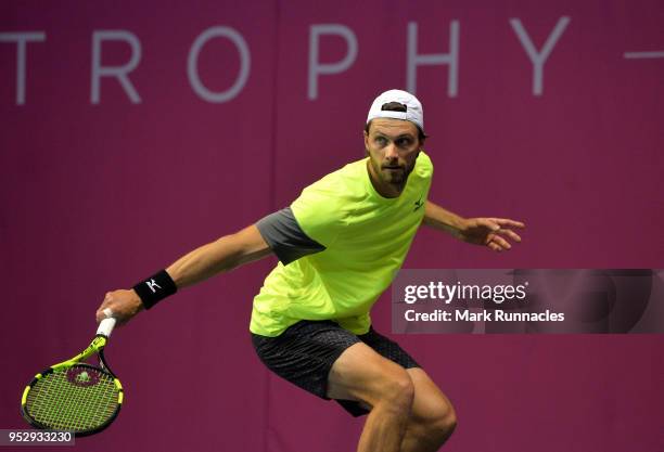 Daniel Brands of Germany in action during his singles match with Jared Hiltzik of USA on the third day of The Glasgow Trophy at Scotstoun Leisure...