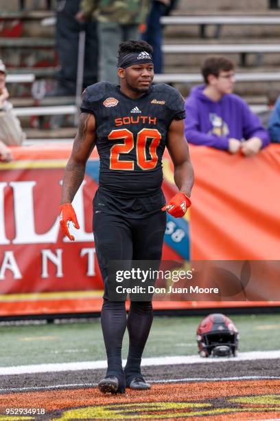 Runningback Rashaad Penny of San Diego State on the South Team warms up before the start of the 2018 Resse's Senior Bowl at Ladd-Peebles Stadium on...