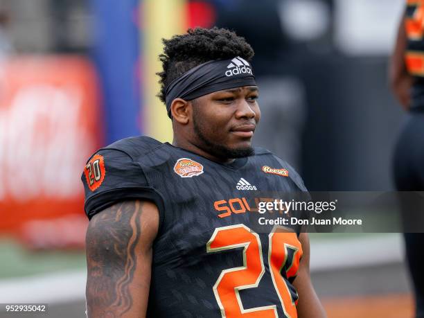 Runningback Rashaad Penny of San Diego State on the South Team warms up before the start of the 2018 Resse's Senior Bowl at Ladd-Peebles Stadium on...