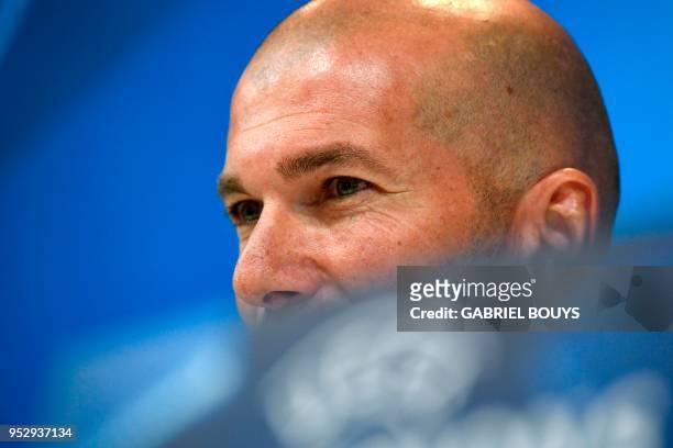 Real Madrid's French coach Zinedine Zidane holds a press conference at the Valdebebas training ground in Madrid on April 30, 2018 on the eve of the...