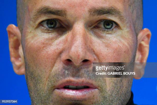 Real Madrid's French coach Zinedine Zidane holds a press conference at the Valdebebas training ground in Madrid on April 30, 2018 on the eve of the...