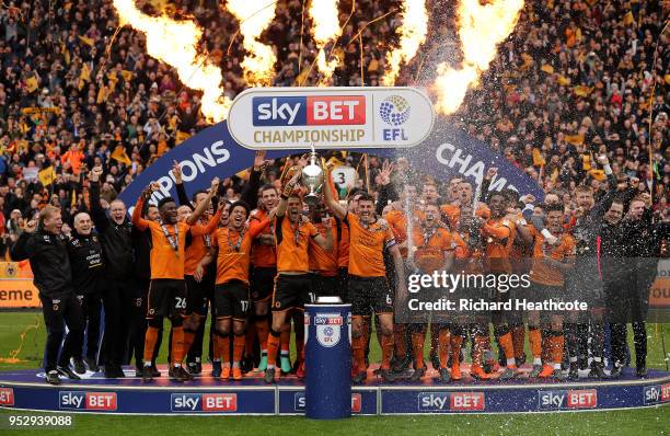 Wolverhampton Wanderers celebrate winning the Sky Bet Championship after the Sky Bet Championship match between Wolverhampton Wanderers and Sheffield...