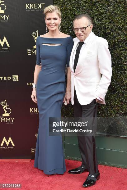 Shawn King and Larry King attend the 2018 Daytime Emmy Awards Arrivals at Pasadena Civic Auditorium on April 29, 2018 in Pasadena, California.