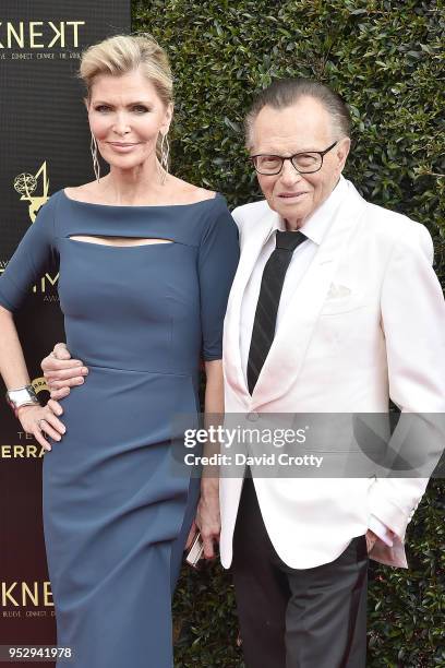 Shawn King and Larry King attend the 2018 Daytime Emmy Awards Arrivals at Pasadena Civic Auditorium on April 29, 2018 in Pasadena, California.