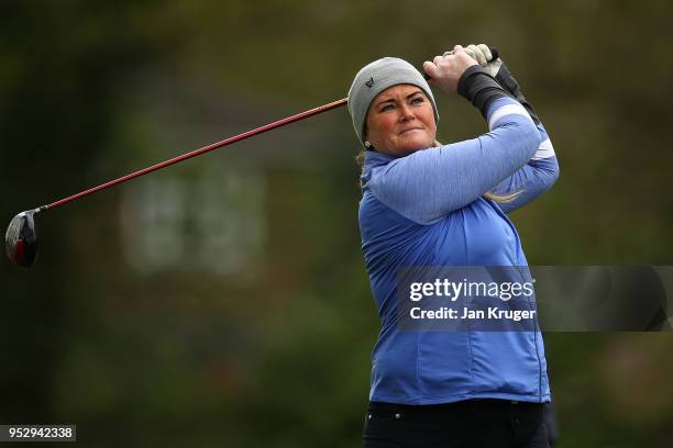 Karen Haywood of Brookdale GC tees off during the WPGA One Day Series at Little Aston Golf Club on April 30, 2018 in Sutton Coldfield, England.