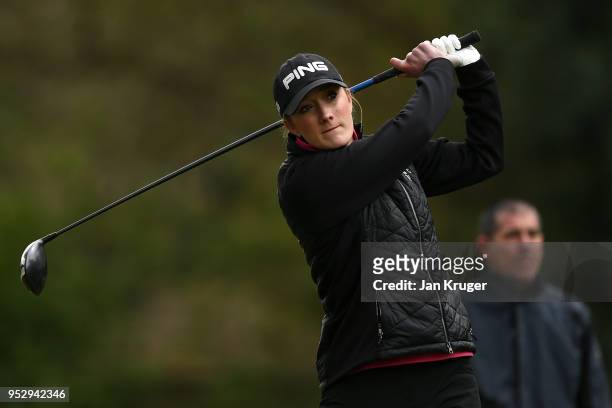 Ellie Brown of Barnham Broom GC tees off during the WPGA One Day Series at Little Aston Golf Club on April 30, 2018 in Sutton Coldfield, England.