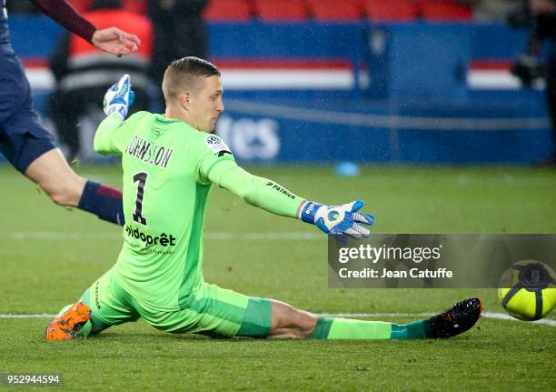 Goalkeeper of Guingamp Karl-Johan Johnsson during the Ligue 1 match between Paris Saint Germain and En Avant Guingamp at Parc des Princes stadium on...