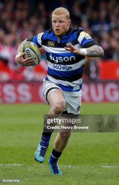 Tom Homer of Bath during the Aviva Premiership runs with the ball match between Gloucester Rugby and Bath Rugby at Kingsholm Stadium on April 28,...