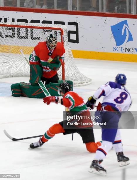 Goalie Adam Vay of Hungary saves with his chest the shot from Matthew Myers of Great Britain during the 2018 IIHF Ice Hockey World Championship...