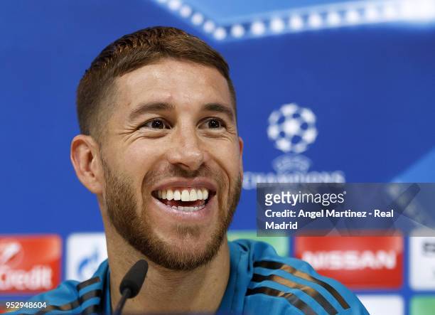 Sergio Ramos of Real Madrid attends a press conference at Valdebebas training ground on April 30, 2018 in Madrid, Spain.