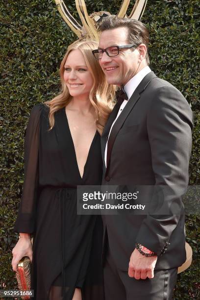 Marci Miller and Tyler Chirstopher attend the 2018 Daytime Emmy Awards Arrivals at Pasadena Civic Auditorium on April 29, 2018 in Pasadena,...