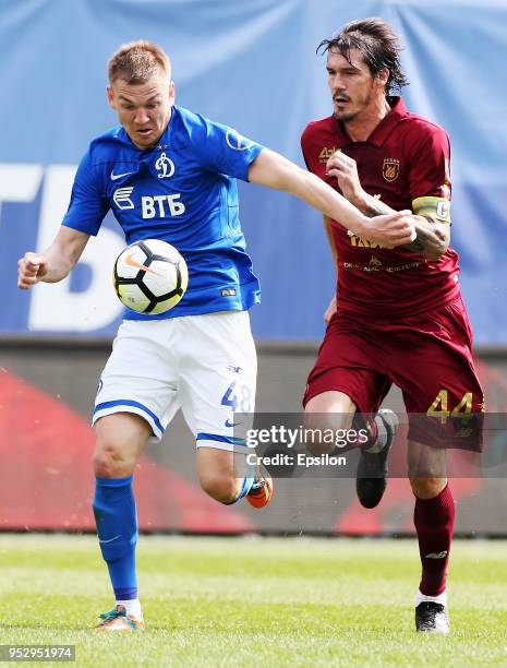 Evgeniy Lutsenko of FC Dinamo Moscow and Cesar Navas FC Rubin Kazan vie for the ball during the Russian Football League match between FC Dinamo...