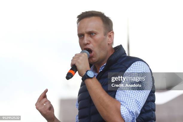 Russian opposition leader Alexei Navalny makes a speech as he attends a rally for 'free Internet' and in support of the Telegram Messenger in...