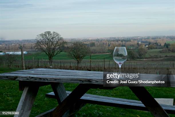 solitary wine glass on rustic table overlooking a valley of vineyards - willamette tal stock-fotos und bilder