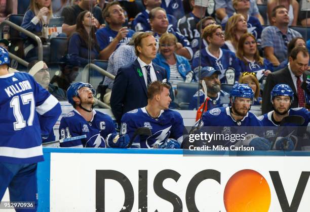 Head Coach Jon Cooper of the Tampa Bay Lightning against the Boston Bruins during Game One of the Eastern Conference Second Round during the 2018 NHL...