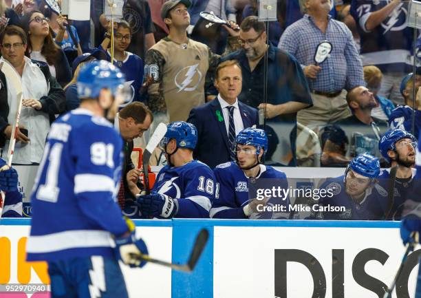 Head Coach Jon Cooper of the Tampa Bay Lightning against the Boston Bruins during Game One of the Eastern Conference Second Round during the 2018 NHL...