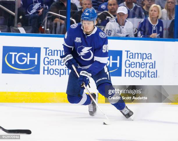 Mikhail Sergachev of the Tampa Bay Lightning against the Boston Bruins during Game One of the Eastern Conference Second Round during the 2018 NHL...