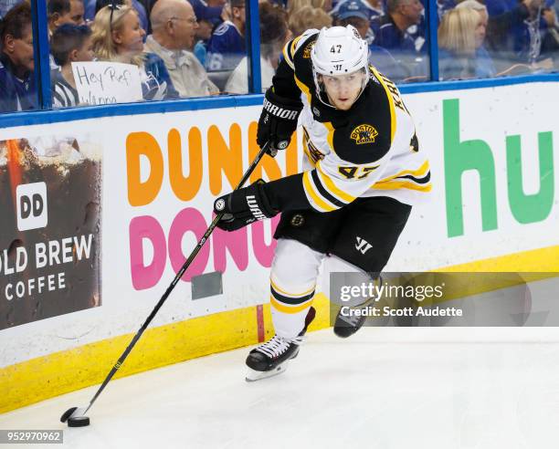 Torey Krug of the Boston Bruins skates against the Tampa Bay Lightning during Game One of the Eastern Conference Second Round during the 2018 NHL...