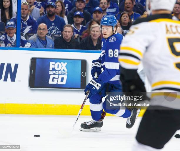 Mikhail Sergachev of the Tampa Bay Lightning against the Boston Bruins during Game One of the Eastern Conference Second Round during the 2018 NHL...