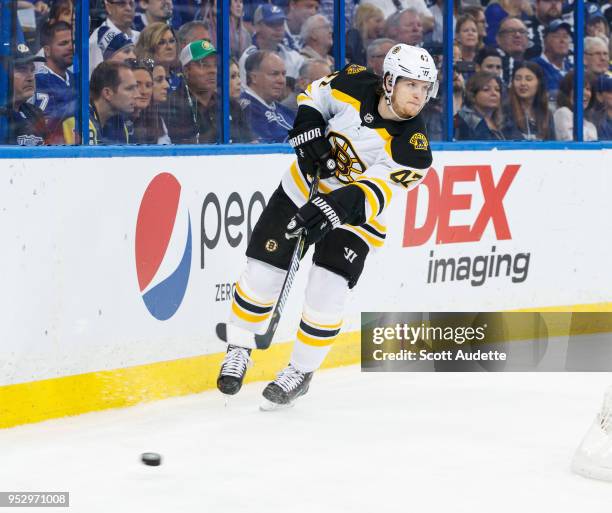 Torey Krug of the Boston Bruins skates against the Tampa Bay Lightning during Game One of the Eastern Conference Second Round during the 2018 NHL...